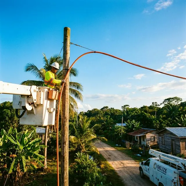 Aerial fiber installation from bucket truck in Belize