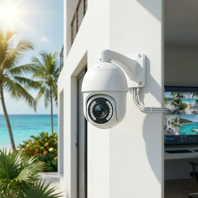 PTZ dome security camera installed on commercial building with tropical ocean view